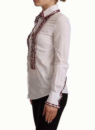 Dolce & Gabbana Womens White Cotton Lace Long Sleeves Ruffle Collar Top Shirt Elastane