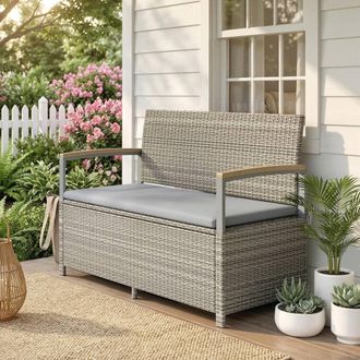 OUTSUNNY 170 L Rattan Garden Storage Bench with Cushion, Light Grey | Size: 120 cm x 60 cm