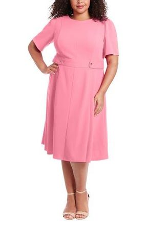 London Times Short Sleeve Fit & Flare Midi Dress in Pink at Nordstrom Rack, Size 14W