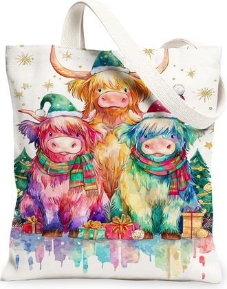 Generic Christmas Animal Canvas Tote Bags, Colorful Cattle Pattern Reusable Grocery Bags, Winter Lightweight Washable Shoulder Stra, White, 13x15 Inch