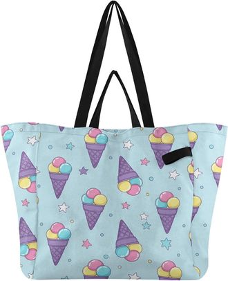Generic Ice Cream Star Blue pattern Reusable Canvas Tote Bag, Heavy Duty Grocery Shopping Bag with Large Capacity Double Handles Hard Bottom Work Groceries Tr