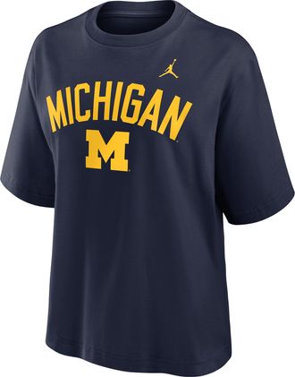 Nike Womens Michigan Arch Over Logo Boxy Jordan Brand College T-Shirt in Blue | 0JCM41SMWN-KMG
