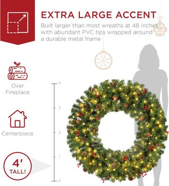 Best Choice Products Pre-Lit Christmas Wreath w/Berries & Pinecones, Large Artificial Indoor/Outdoor D&eacute;cor, Plug-in