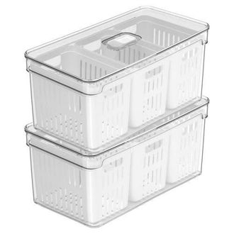 Ou Clear Stackable Fridge Organizer Bin with Three Removable Drain Baskets and Vented Lid, 2 Pack - 5.3 Quart Each in Clear With White Drainer at