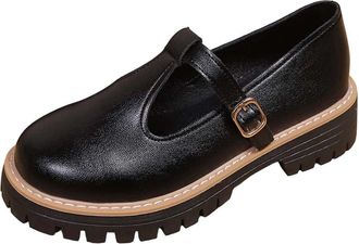 Generic Womens Loafers Chunky Heeled Loafer Shoes Round Toe Solid Color Non-Slip Comfortable Classic Casual Walking Shoes with Buckle Strap Work Leisure Black