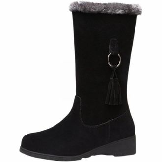 Generic UK 4 Womens Snow Boots Fur Lined Low Wedge Tall Winter Shoes Warm Side Zipper Mid Calf Booties Anti-Slip Cold Weather Shoes Fuzzy Booties Walking Rain