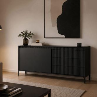 Dmora Credenza Hatone, Aparador 3 Cajones, 2 Estantes, Apertura De Batiente, Deslizable, 187x40x81h Cm Negro