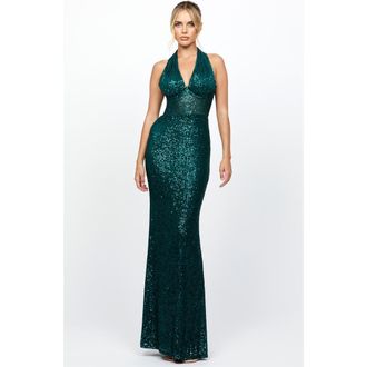 Bariano Shaylyn Sequin Halter Gown in Emerald at Nordstrom, Size 8