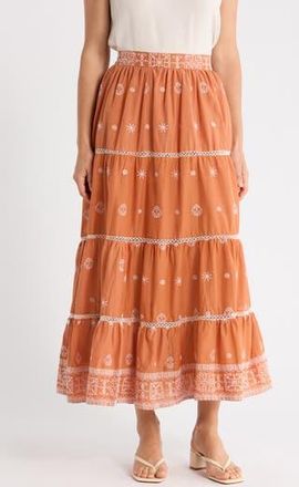 T Tahari Embroidered Tiered Cotton Skirt in Terracotta/White at Nordstrom Rack, Size X-Large
