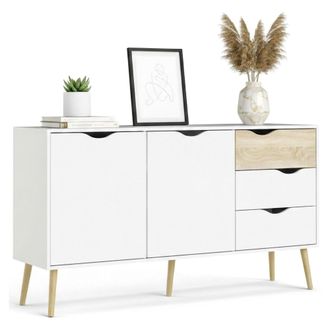 Dmora Aparador Con Dos Puertas Y Tres Cajones, Blanco Y Roble, Medidas 147 X 81 X 39 Cm, Con Embalaje Reforzado - Dmora