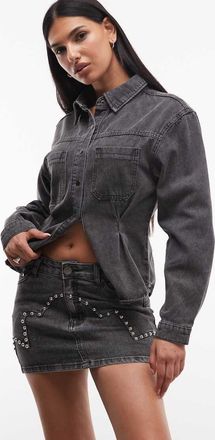 Liquor & Poker Minigonna in denim nero slavato con borchie