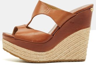 Jimmy Choo London Brown Leather Platform Wedge Espadrille Sandals