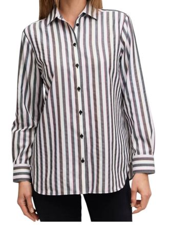 Foxcroft Boyfriend No Iron Rainbow Lurex Stripe Shirt In Black/white
