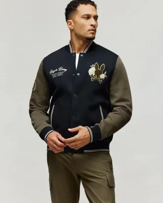 Psycho Bunny Mens Auguste Knit Varsity Bomber 001 BLACK / XL