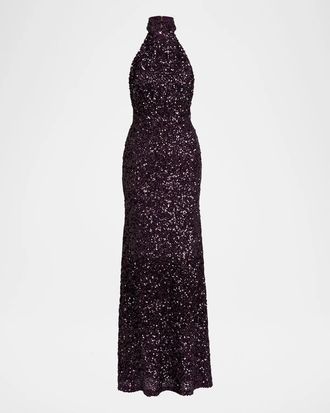 Silvia Tcherassi Dido Sequined Halter Trumpet Gown