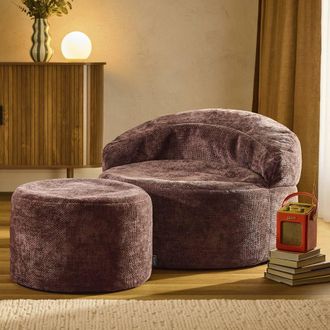 Icon Brand Orb Accent Chair & Milano Round Footstool Chenille in Burgundy