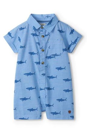 Hatley Shark Print Cotton Polo Romper in Blue at Nordstrom, Size 18-24M
