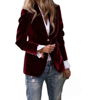 Generic Velvet Blazers for Women Button Long Sleeve Jacket Casual Lapel Open Front Cardigan Business Office Suit Jacket (Dark Red,L)