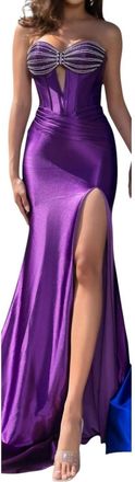 Portia & Scarlett Strapless Embellished Corset High Slit Dress In Purple