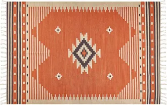 Beliani Alfombra Kilim De Algod&oacute;n Naranja Beige Marr&oacute;n 200 X 300 Cm Geom&eacute;trico Borlas Gavar