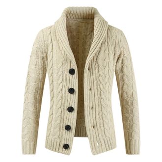 Generic Mens Cardigans Knitted Chunky Jacket Shawl Collar Cable Knit Jumper Cardigan Button Down Sweater Jackets Open Front Rib Loose V Neck Knitwear Outerwea