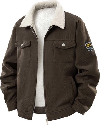 Generic Coffee Mens Corduroy Jackets Thermal Polar Fleece Lined Coats Winter Warm Full Zip Pilot Military Jacket with 4 Pockets Men Smart Casual Lapel Collar 