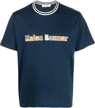 Wales Bonner logo-print T-shirt - men - Organic Cotton/Spandex/Elastane/Polyester - S - Blue