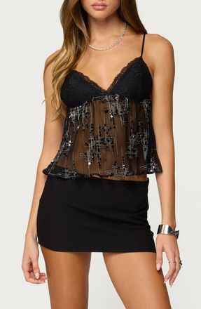 Edikted Sequin Sheer Mesh Crop Top in Black at Nordstrom, Size X-Large