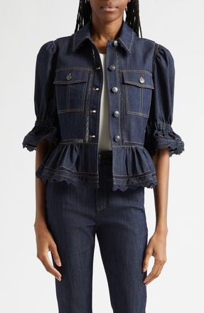 Cinq &agrave; Sept Guipure Lace Trim Peplum Jacket in Indigo at Nordstrom, Size X-Large