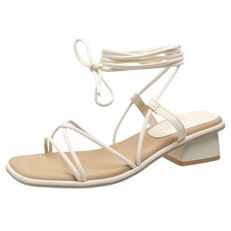 Generic 2026 Women Slippers Foreign Trade Large Size Sandals 2025 Summer Fairy Style Foot Ring Strappy Roman Shoes A Word Square Heel Middle (Beige, 5.5)