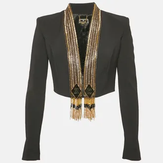 Elisabetta Franchi Black Embellished Crepe Cropped Blazer