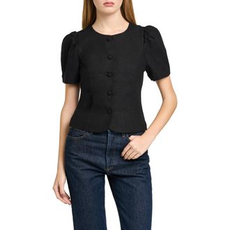 Wayf Blair Button Front Linen Blend Top in Black at Nordstrom, Size X-Small