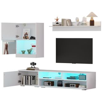 STILVORA Mueble Tv De Pared Con 3 Puertas, 2 Nichos Semiabiertos Y Led, Frentes Lacados, Para Sal&oacute;n, En Tablero De Part&iacute;culas, Blanco
