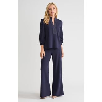 Ming Wang Stretch Deco Crepe Balloon Sleeve Blouse in Indigo/white at Nordstrom, Size Xx-Small