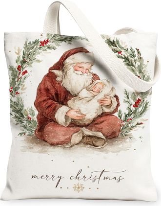 Generic Christmas Santa Canvas Tote Bags, Vintage Holiday Illustration Reusable Bags, Retro Lightweight Washable Shoulder Strap Can, White, 13x15 Inch