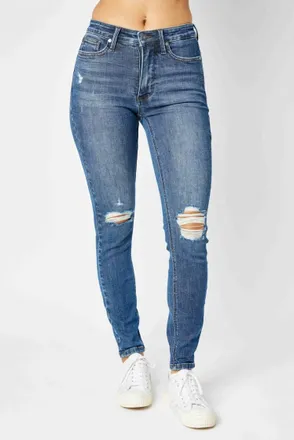 Judy Blue Mid-Rise Tummy Control Distressed Skinny Jeans In Medium Wash