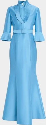 Badgley Mischka Pleated-Trim Trumpet Mikado Gown