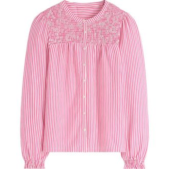 Boden Elsa Smocked Woven Shirt in Pink Ribbon Stripe at Nordstrom, Size 6