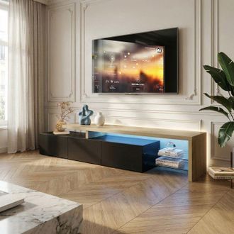 OEM Mueble De Tv Elegancia, Negro Lacado, Con Iluminaci&oacute;n Led, Estantes De Vidrio, 3 Puertas, 200 Cm, Mueble De Sal&oacute;n