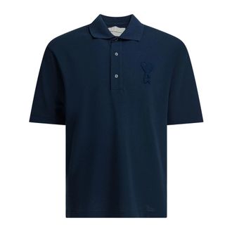 Ami Polo Shirts, male, Blue, Size: XS Ami De Coeur Knitted Patch Polo