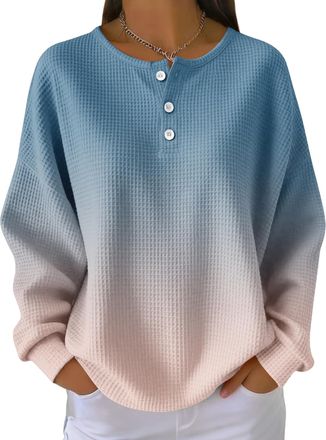 Generic Womens Waffle Gradient Pullover - Long Sleeved Round Neck Casual Sportswear (UK, Alpha, M, Regular, Regular, Gradient Color7)