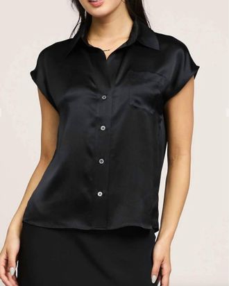 Current Air Mandi Cap Sleeve Classic Silk Button Down Blouse In Black
