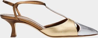 Manolo Blahnik 50mm Turgimod Metallic Leather T-Strap Pumps