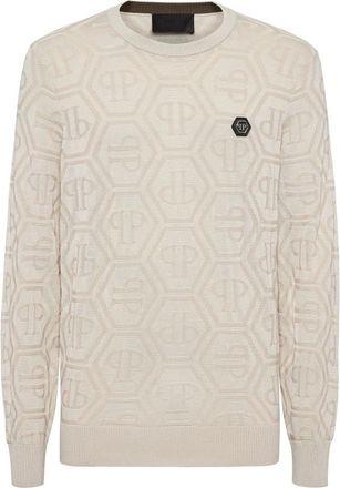 Philipp Plein Pullover Ronde Hals Monogram - Heren - Ronde hals truien - Beige - L - Wol - Truien & Vesten