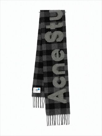 Acne Studios Classic Checkered Wool Scarf With Fringed Tassels