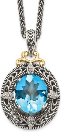 Diamond2Deal Sterling Silver with 14K Accent Diamond and Oval Blue Topaz Pendant Necklace