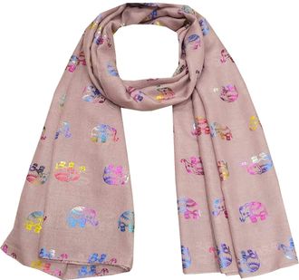 World of Shawls Metallic Rose Gold Beautiful Thai Elephant Print Women Scarf Shawl Scarves Wrap Beach Cover Gift (Multi Colour Foil Elephant - Brown)