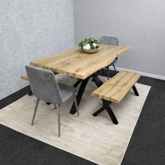 Kosy Koala Wooden Dining Table with 2 Benches & Grey Velvet Chairs, Stylish Dining Room Furniture