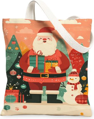 Generic Christmas Santa Canvas Tote Bags, Holiday Design Reusable Grocery Bags, Winter Lightweight Washable Shoulder Strap Canvas F, Red, 13x15 Inch