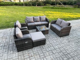 Fimous 8 Seater Garden Furniture Set Rattan Outdoor Lounge Sofa Chair With Tempered Glass Table Big Footstool Dark Grey Mixed